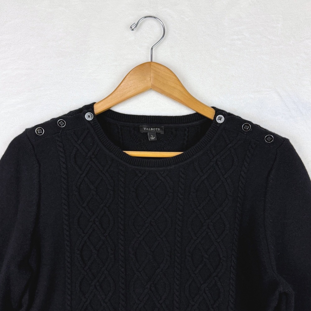 Talbots Womens Black Lambswool Blend Cable Knit Shoulder Button Sweater Large - Picture 2 of 7